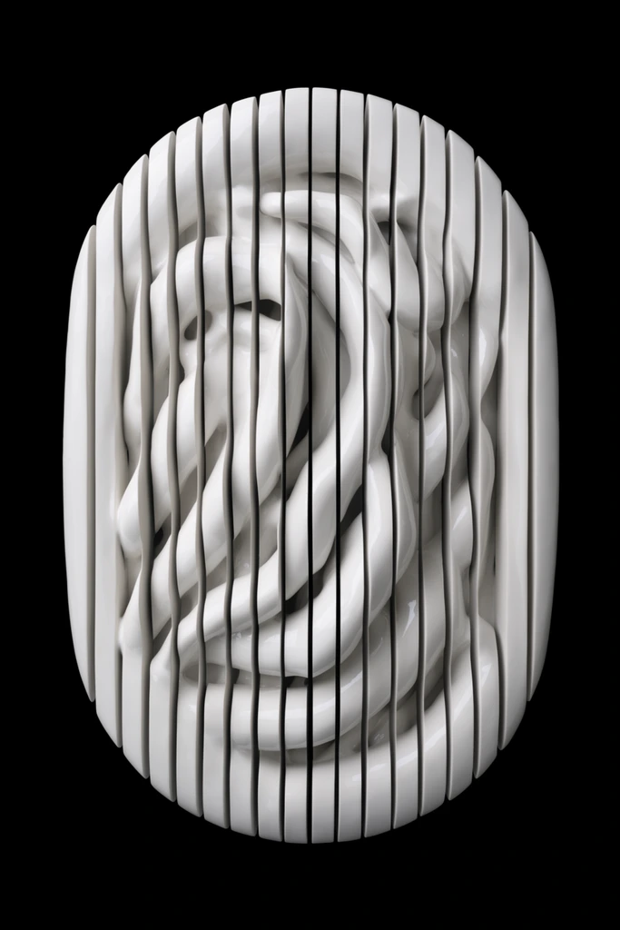 An abstract, glossy white 3D sculpture sliced into thin, parallel vertical cross-sections against a pitch-black background. The outer silhouette forms a rounded oval, while the internal structure consists of undulating, intertwined tubular forms. Soft studio lighting highlights the smooth, reflective ceramic-like surface of each vertical segment. Deep shadows fill the narrow gaps between the cuts, emphasizing geometric depth. The stark monochrome composition highlights the tension between the organic, fluid inner shapes and the rigid, uniform vertical slicing.