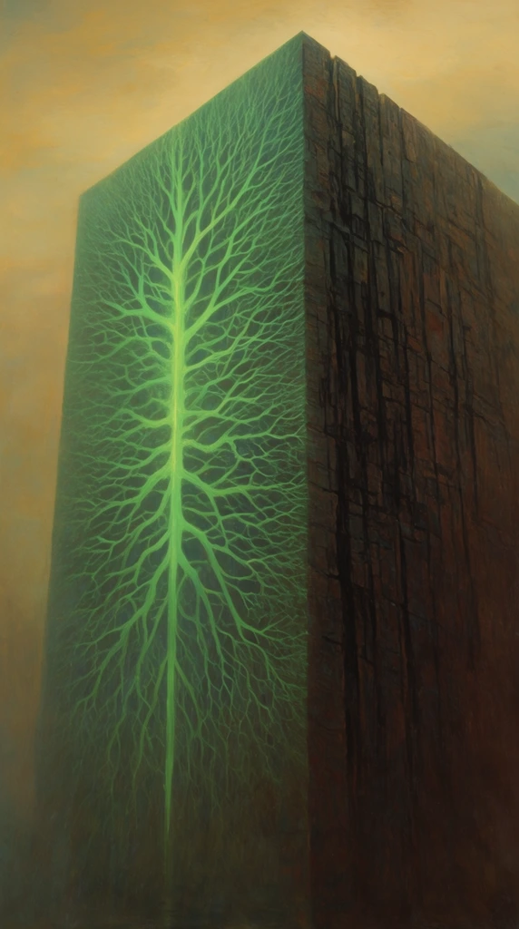 massive monolithic rectangular block, glowing neon green branching network resembling intricate roots spreading across the left facade, dark textured brown right facade with deep vertical crevices, hazy atmospheric ochre and pale yellow sky, surrealist oil painting style, monumental scale, low-angle perspective, eerie dystopian atmosphere