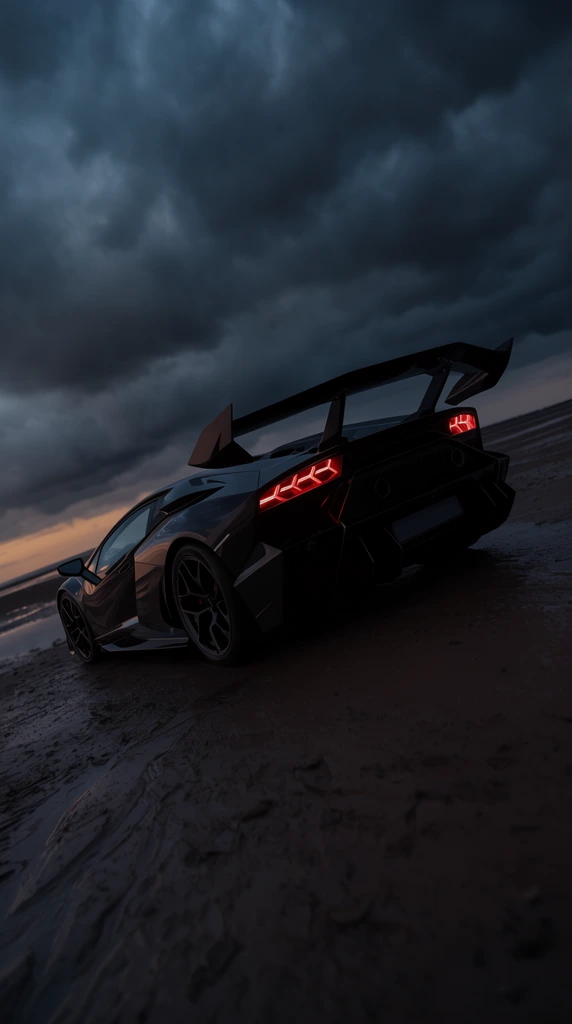 A sleek, angular mid-engine supercar parked on a vast, wet tidal flat under a heavy, stormy twilight sky. The dark, glossy body reflects a faint amber horizon glow. The vehicle features a massive, sharp rear wing and bright, glowing red hexagonal taillights. Shot from a low, dramatic Dutch angle, the composition emphasizes the car's aggressive stance against the desolate, textured sand and moody, bruised clouds.