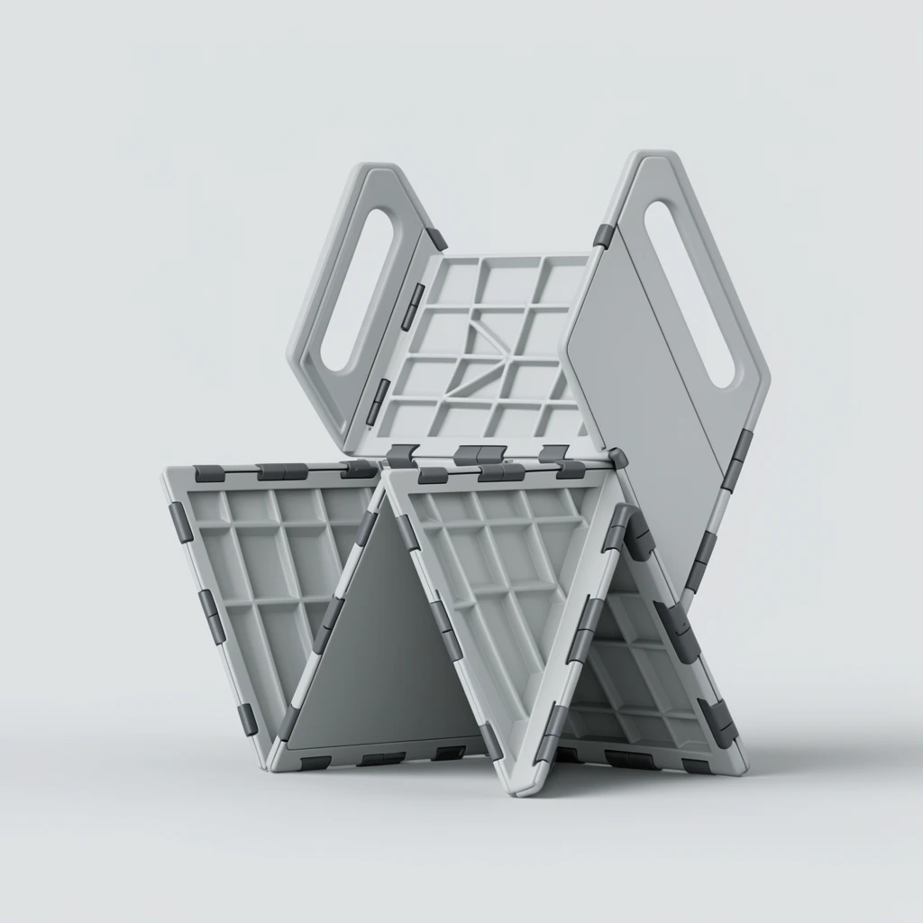 geometric light grey plastic folding structure, interlocking triangular and trapezoidal panels, matte finish, dark grey hinge mechanisms along edges, structural ribbed grids on interior sections, large angled cutout handles, complex origami-like configuration, freestanding, seamless light grey background, soft studio lighting, subtle drop shadow, minimalist product photography, industrial design aesthetic