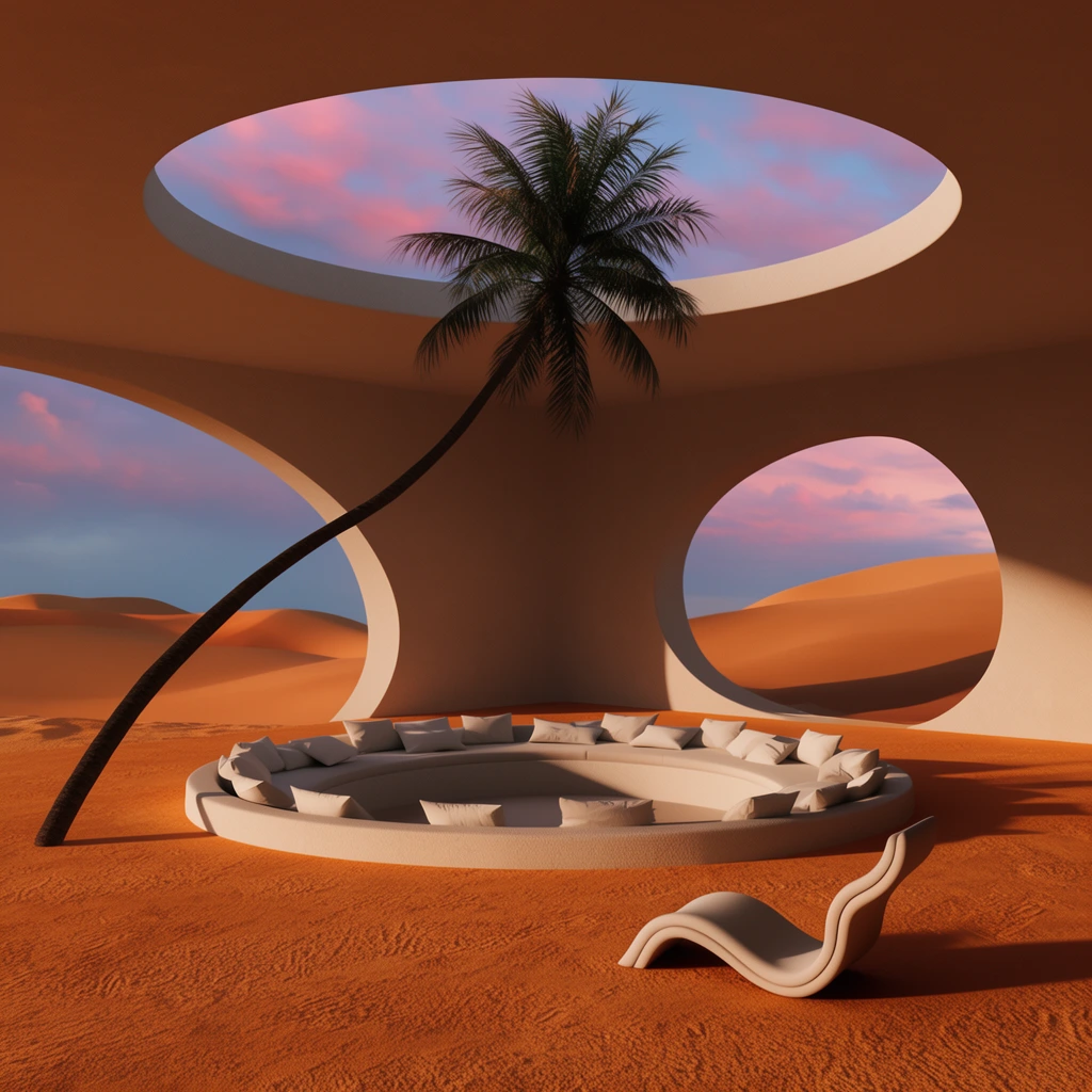 Surreal minimalist interior open to a desert landscape, slender palm tree leaning sharply through a circular ceiling skylight, textured orange sand floor, large wall cutouts framing smooth dunes, low circular seating with white pillows, wavy lounge chair, twilight sky with pink clouds, dramatic cast shadows, 3D architectural render, warm earthy tones