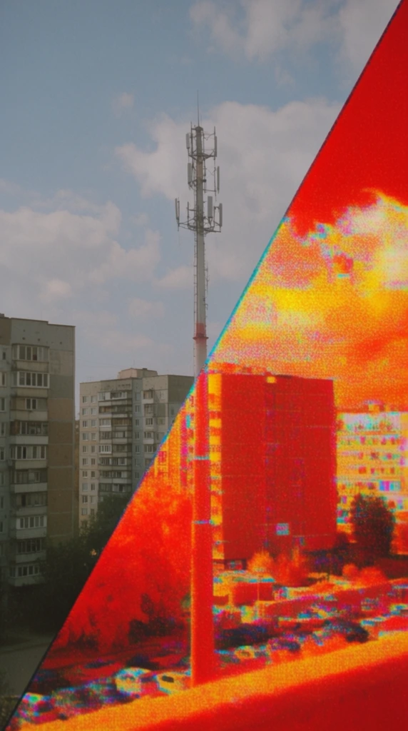 A tall communications tower stands centrally behind several multi-story apartment buildings under a daylight sky with scattered clouds. A massive, sharp-edged geometric triangle overlays the right side of the composition, creating a stark visual boundary that aggressively alters the visual rendering within its borders. Outside the geometric shape, the environment is captured in a mundane, lo-fi digital photography aesthetic with muted, natural daytime colors, flat lighting, and subtle photographic grain. Inside the sharp confines of the triangle, the depicted sections of the buildings, tower, and sky transform into a hyper-saturated thermal imaging palette of blinding neon reds, fiery oranges, and vivid yellows. This localized triangular distortion features heavy digital artifacting, dense, noisy pixel dithering, and chromatic aberration with distinct cyan and magenta fringes, creating a jarring, surreal juxtaposition between the corrupted, heavily processed digital region and the mundane realism of the surrounding urban landscape.