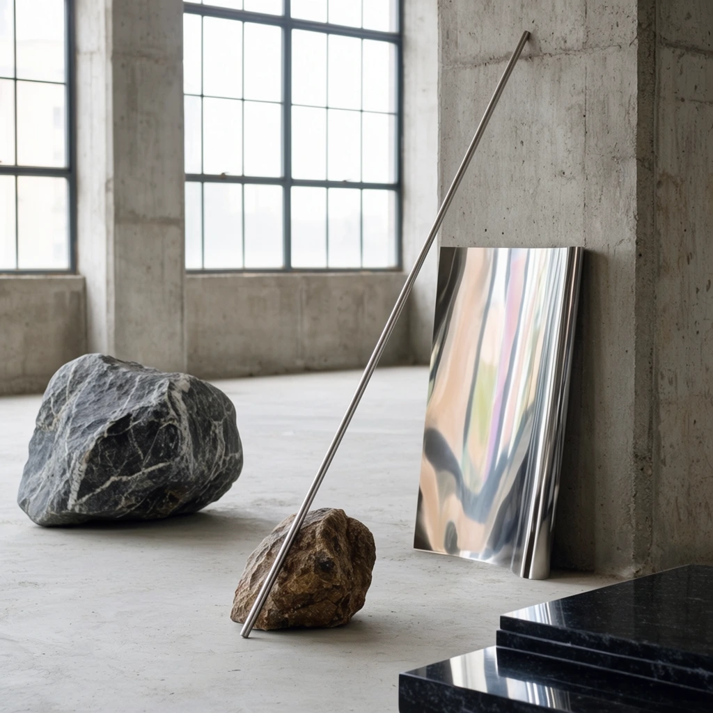 A minimalist art installation juxtaposes raw organic stones with sleek reflective metals within a sunlit brutalist concrete space. A long, thin metallic rod leans diagonally from a small, deeply textured brown rock on the floor against a raw concrete pillar. Behind this rod, a rectangular sheet of highly polished, mirror-like metal curves slightly against the wall, reflecting distorted pastel hues. To the left, a larger dark grey boulder with white striations rests on the smooth concrete floor. In the bottom right foreground, the edge of a glossy, stepped black stone slab catches the natural light. The expansive room features unfinished concrete surfaces illuminated by soft, diffused daylight streaming through large, dark-framed industrial windows, highlighting the textural contrast between jagged natural forms and pristine manufactured geometry.