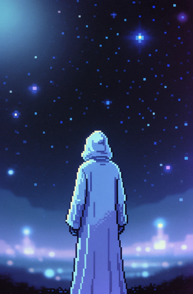 hooded figure under starry cosmic sky, retro pixel art, dreamy mystical synthwave vibes