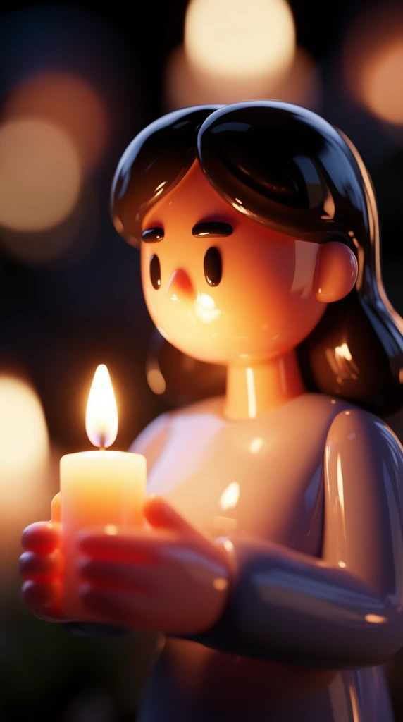 A 3D rendered glossy vinyl toy figure of a stylized woman holding a lit candle in a dark environment. The woman features smooth, rounded proportions and highly polished plastic textures. A glowing candle in her hands casts intense, warm light, creating pronounced subsurface scattering on her face and fingers. Vibrant specular highlights gleam across her glossy surfaces. The macro composition utilizes an extreme shallow depth of field. The dark background is heavily blurred, punctuated by large, soft, circular bokeh shapes reflecting the ambient candlelight.