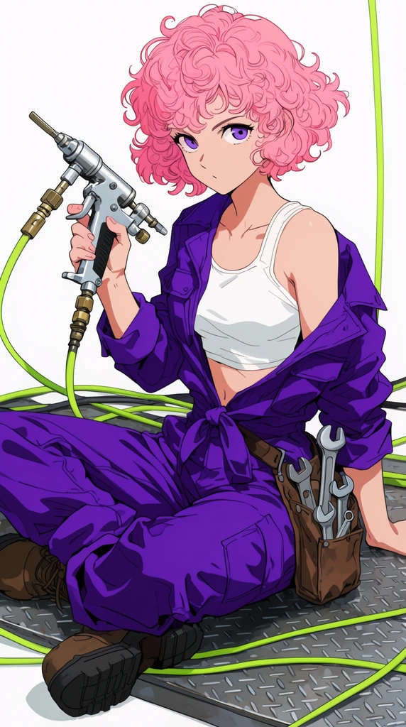 A cel-shaded anime illustration of a female mechanic with short curly pink hair sitting cross-legged on a steel checkerboard plate. She wears purple coveralls tied at the waist and a white crop top while gripping a silver pneumatic rivet gun. A leather pouch on her hip holds various wrenches. Neon green cables weave around her against a stark white background, highlighting the flat vibrant colors and crisp linework.