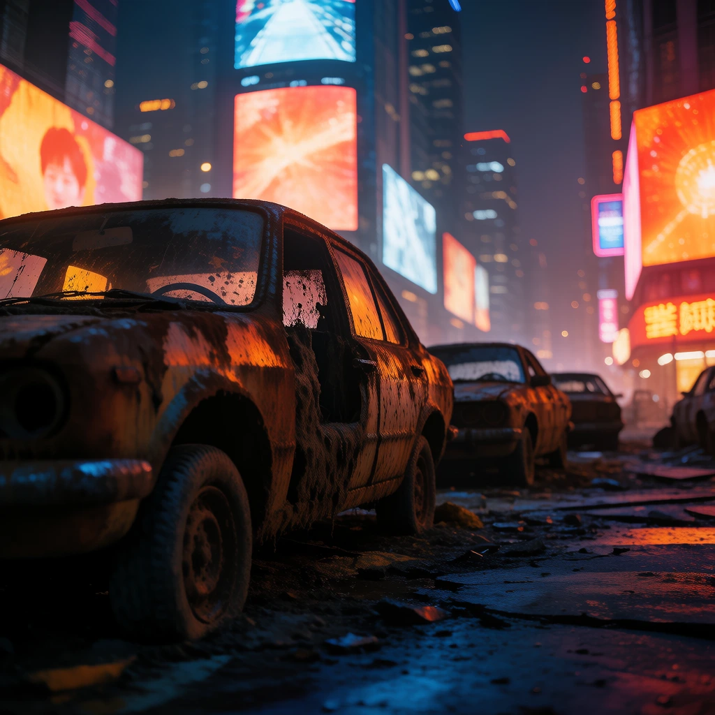 Heavily rusted, mud-splattered cars sit abandoned on a debris-strewn street, the foremost boxy vehicle dominating the left foreground. Its grimy surface reflects warm light from a towering cityscape behind. Massive glowing digital billboards and vibrant orange and red neon displays illuminate the hazy night. Cinematic low-angle framing emphasizes deep blue shadows across the shattered pavement, contrasting sharply with the intense background glow in this photorealistic dystopian scene.