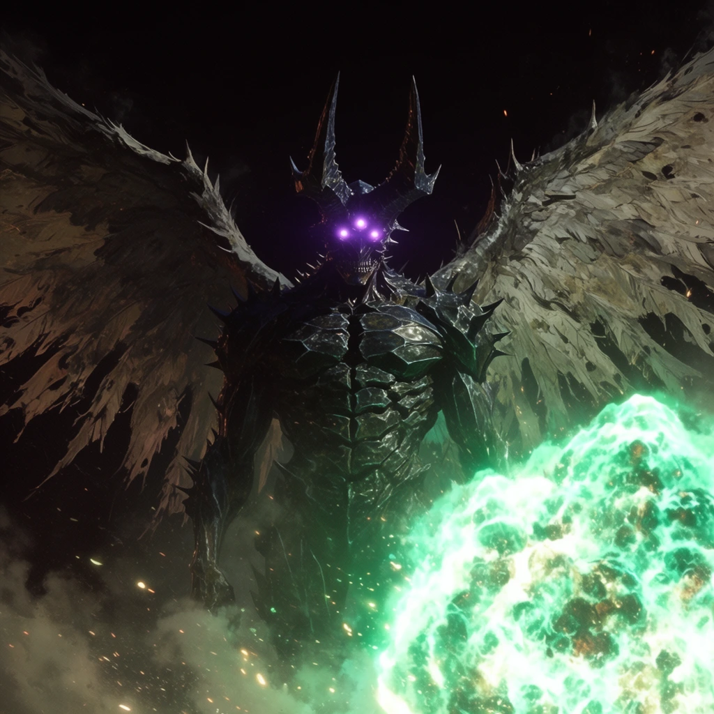 A colossal titan with a spiked obsidian carapace and massive, tattered feathered wings spread wide across a pitch-black sky. The towering figure features jagged, forward-curving horns and three glowing violet eyes. It looms in the darkness, illuminated from below by a raging, brilliant emerald-green plasma explosion in the lower right foreground. The intense blast casts harsh, flickering highlights across the creature's segmented torso and the intricate textures of its sweeping wings, creating a cinematic, high-contrast scene filled with swirling ash and glowing embers.