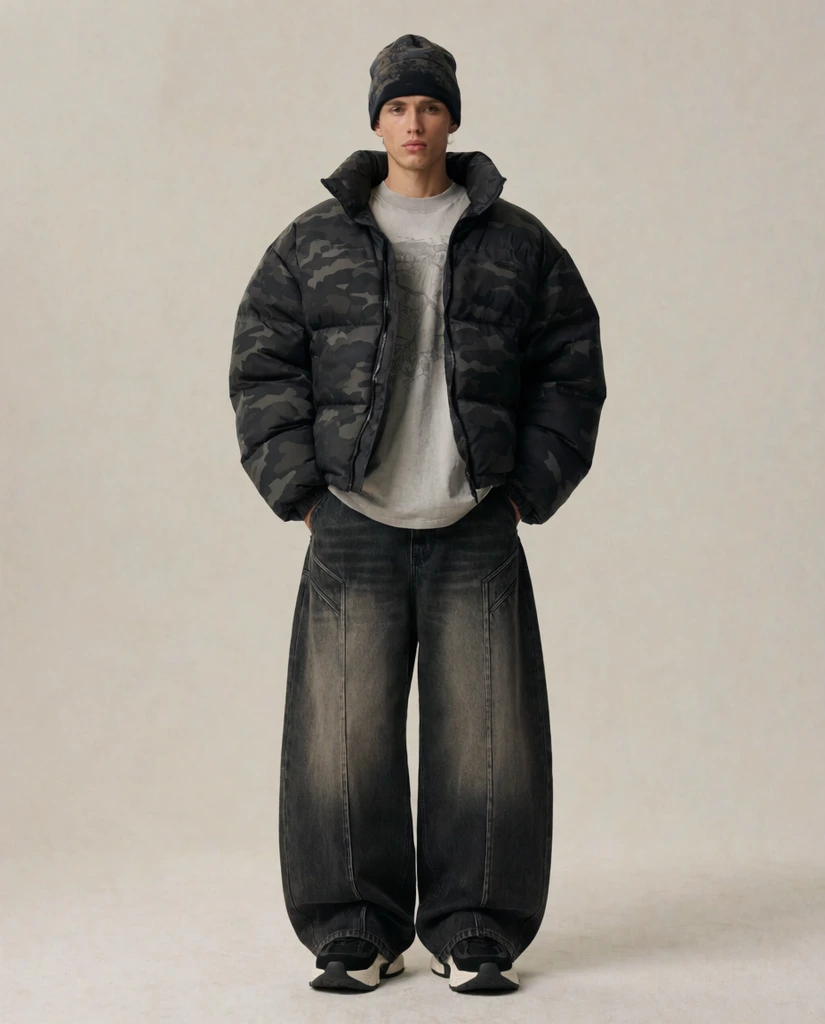 A full-length fashion portrait features a young man standing against a seamless light beige backdrop wearing oversized dark streetwear. He wears an open black camouflage puffer jacket over a light grey graphic t-shirt. His ultra-wide faded charcoal jeans display prominent vertical center seams and angular stitching details near the hips. A patterned dark beanie and chunky black sneakers with thick white soles complete the outfit. Soft, diffused studio lighting emphasizes the heavy, relaxed clothing silhouette and the model's neutral, direct gaze.