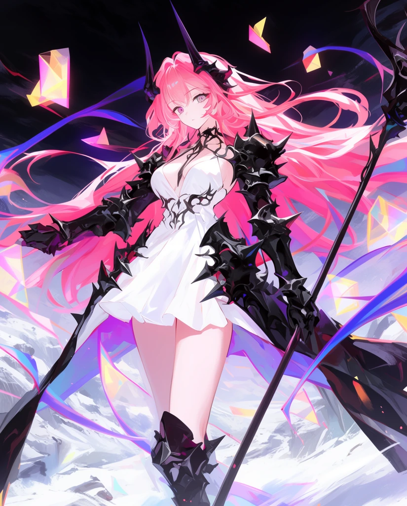 Anime warrior, flowing pink hair, black horns, white dress, spiked black armor, dark staff, snowy landscape, glowing geometric shapes, dark sky, swirling ribbons