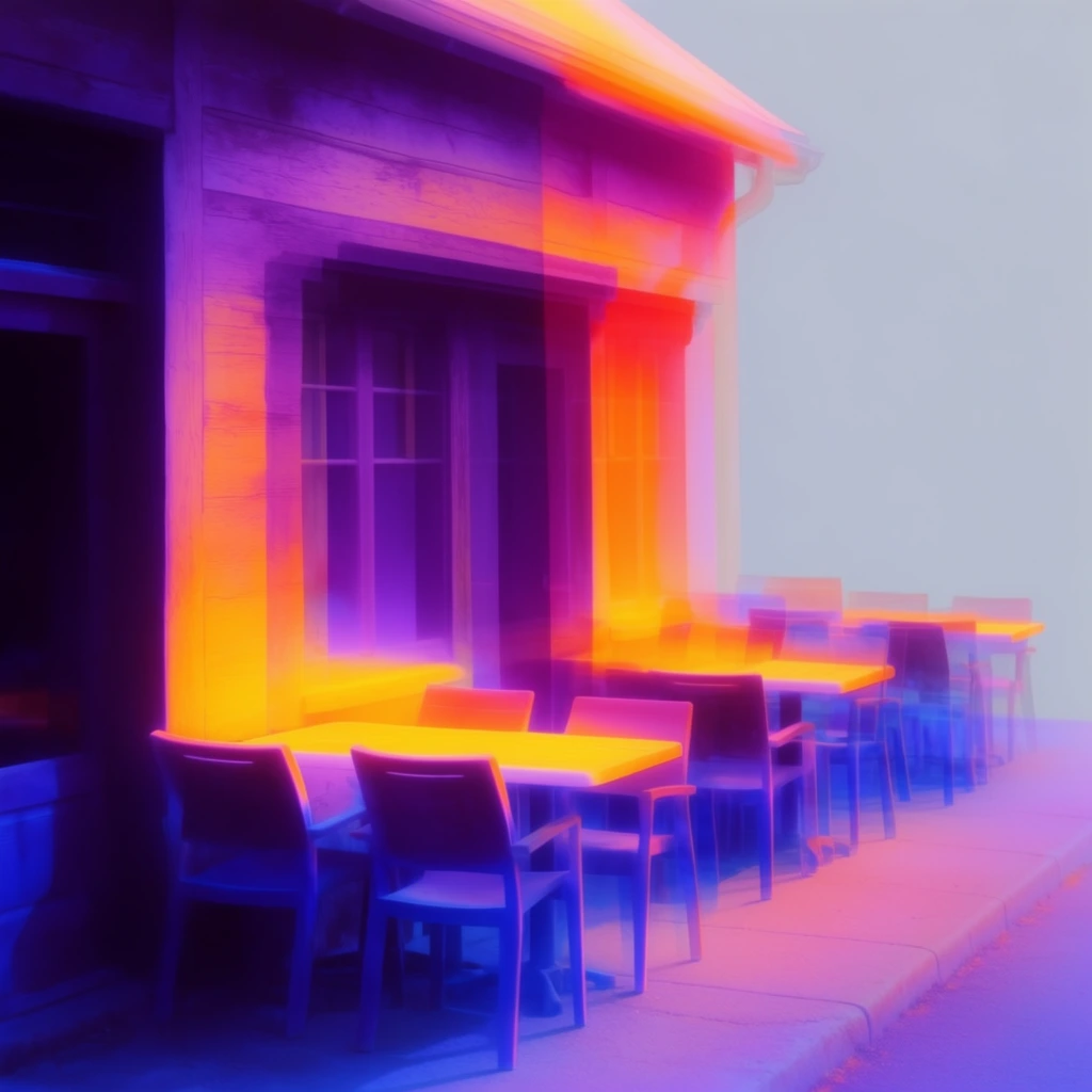 A wooden building and an adjacent sidewalk arrangement of outdoor tables and chairs rendered in a vivid, false-color thermal imaging aesthetic. A translucent, offset secondary silhouette of the architecture and furniture overlaps the primary forms in deep, shadowy violet, creating a ghostly, layered visual echo. The structural forms and cafe seating are defined by smooth, glowing gradients spanning an infrared color spectrum. Intense, radiant yellow and bright neon orange illuminate the focal surfaces and tabletops, seamlessly transitioning into vivid fuchsia, deep magenta, and saturated cobalt blue across the shadowed recesses, chair legs, and lower architectural elements. The wood and sidewalk materials manifest as soft, luminous color fields. These brightly colored, ethereal structures are set against a stark, flat, pale cool-gray background. A gentle, hazy optical diffusion softens the rigid geometric edges, casting a dreamlike, glowing bloom around the most intensely colored, heat-mapped zones.