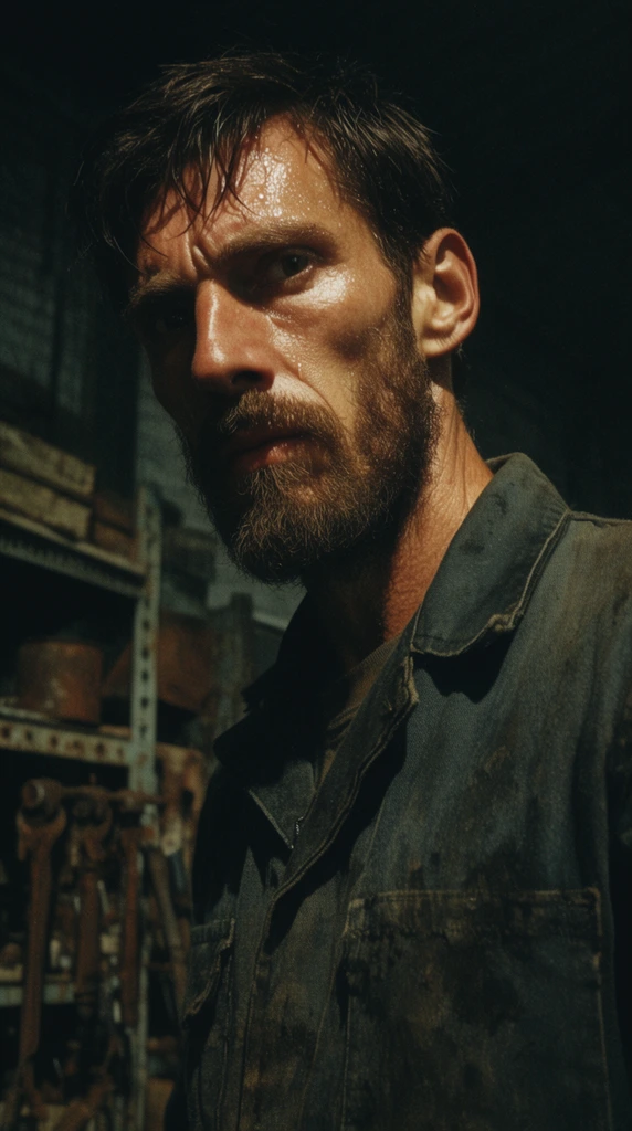 A close-up, low-angle cinematic shot of a gaunt, bearded man with an intense, serious expression. He wears a heavy, dark canvas mechanic coverall marked with grease stains. Heavy sweat glistens on his angular face under dramatic side lighting. The background features a dimly lit industrial garage with blurred metal shelving and rusted tools. The visual style mimics gritty 1960s 35mm film stock, characterized by deep shadows, high contrast chiaroscuro, and a coarse grain texture.