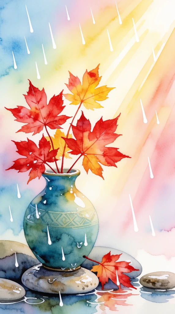 vibrant watercolor still life, teal ceramic vase holding bright red and golden maple leaves, subtle geometric patterns on the vase, resting on smooth gray river stones, stylized thick white rain streaks falling, ethereal warm sunbeams slanting from the upper right, luminous pastel background gradient of soft blue to yellow to pale pink, whimsical composition, soft wet washes of color, translucent lighting
