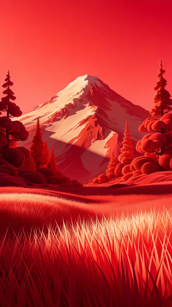 a majestic snow-capped mountain peak centered behind sculptural evergreen trees and a meadow, styled with dramatic hard-directional studio lighting, high-contrast chisel-edged shadows, a monochromatic palette of deep crimson and scarlet with cream-tinted snow, seamless red cyclorama backdrop, polished commercial product photography aesthetic, razor-sharp specular highlights, symmetrical hero composition, hyper-clean graphic textures, theatrical and bold atmosphere.
