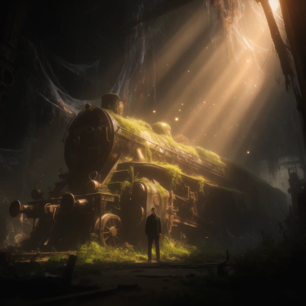 A solitary man standing in front of a monumental, towering train enveloped in a cavernous, deeply shadowed, dilapidated atmosphere. The man is positioned in the foreground, dwarfed by the massive scale of the intricately detailed, weathered train looming before him. Intense, volumetric shafts of warm, golden light angle sharply downward from the upper right, piercing through a thick, hazy mist and illuminating suspended, glowing dust motes. Lush, luminous moss and overgrown, tangled vegetation cling to the heavy metallic surfaces of the train and the surrounding structural elements, glowing vibrantly where the sharp light hits them. Silvery, gossamer cobwebs and wispy, hanging debris drape across the deep, dark voids and silhouetted foreground elements. The scene is captured from a low-angle, wide perspective, emphasizing epic verticality and imposing scale. The aesthetic is a highly detailed digital concept painting characterized by extreme chiaroscuro, cinematic color grading, deep murky earth tones, abyssal blacks, soft blooming highlights, and heavy atmospheric perspective.