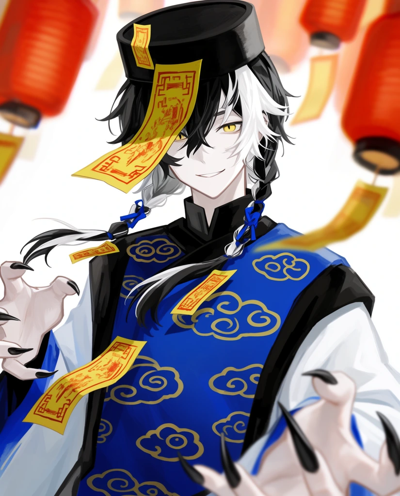 An anime-style illustration of a pale young man wearing a blue and black tunic with gold swirling clouds and white sleeves. He has yellow eyes, a slight smile, and two-toned black and white hair braided with blue ribbons. A black cylindrical hat rests on his head with a yellow paper slip featuring red patterns hanging over his face. Similar yellow paper tags adorn his hair and clothes. He reaches forward with hands displaying long black claws. A dynamic camera angle and shallow depth of field blur the foreground hands and the red paper lanterns hanging in the bright white background.
