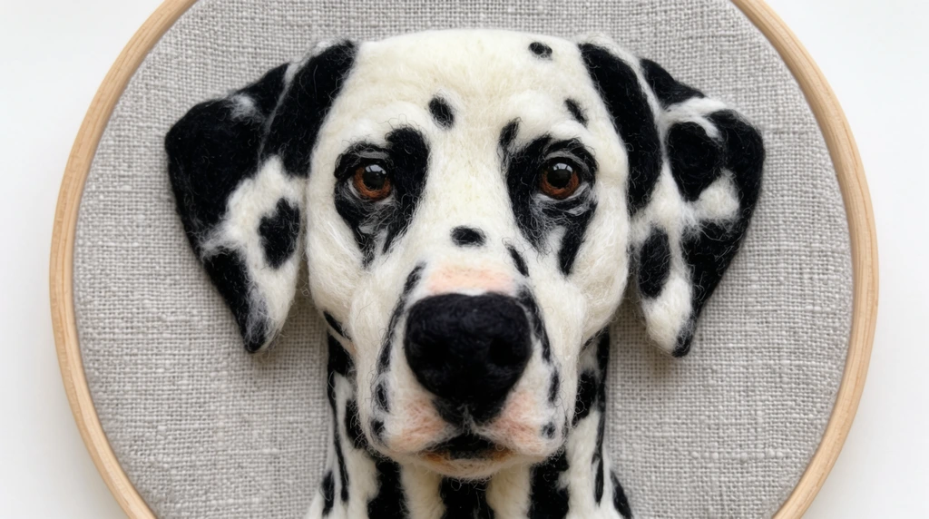 close-up needle-felted portrait of a Dalmatian dog, black and white spotted fur, highly textured wool fibers, glossy brown eyes, prominent black nose, floppy ears, 3D textile art, mounted on light grey woven linen fabric, framed by a circular light wood embroidery hoop, solid white background, tactile material, soft even lighting, handcrafted aesthetic, macro photography