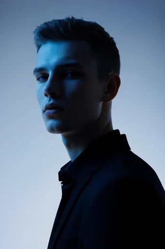Cinematic Cyan Noir style reference image — high-contrast studio photography