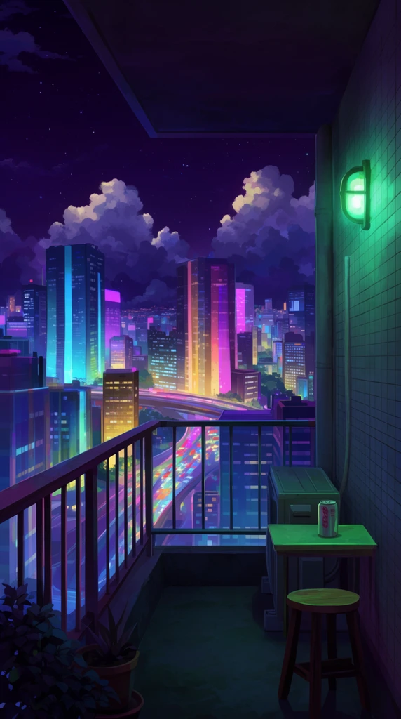 A vibrant neon-lit cityscape is viewed at night from a shadowed high-rise balcony in a detailed 2D digital illustration. The foreground features a dark concrete balcony enclosed by a metal railing, bordered on the right by a tiled wall illuminated by a glowing emerald-green sconce. A small green table holding a beverage can rests near a wooden stool, an air conditioner, and a shadowed potted plant. Beyond the railing, a sprawling metropolis features towering skyscrapers emitting striking bands of cyan, magenta, and warm yellow light. A curving overpass cuts through the urban architecture, radiating streaks of vibrant traffic illumination. The deep purple night sky is scattered with stars and voluminous cumulus clouds catching the ambient glow. The artwork utilizes an anime-inspired architectural style with atmospheric depth and a highly saturated synthwave color palette emphasizing deep blues and vivid neon accents.