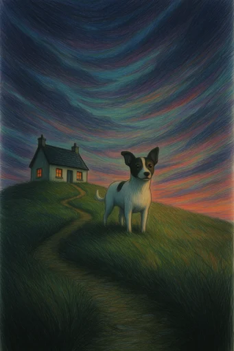 Nocturnal Storybook Surrealism style reference image — crooked fairytale architecture
