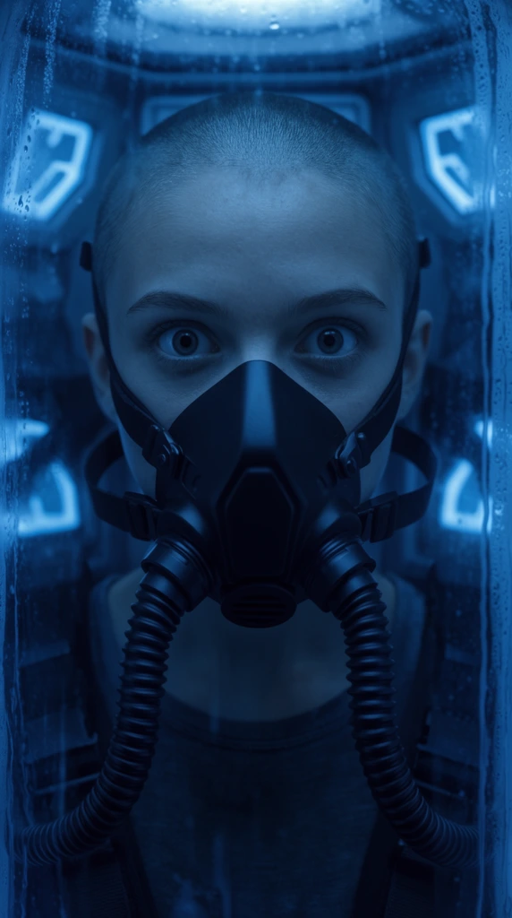 close-up of a young woman with a shaved head and wide intense eyes, wearing a matte black tactical respirator with corrugated tubes looping downward, enclosed in a claustrophobic cryo-pod, deep monochromatic blue atmospheric lighting, glowing geometric patterns on the background walls, condensation streaks on a glass pane in the foreground, dramatic cinematic lighting, sci-fi thriller aesthetic, tight framing, highly detailed