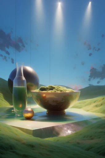 Reflective Surrealist Landscapes style reference image — geometric reflective architecture