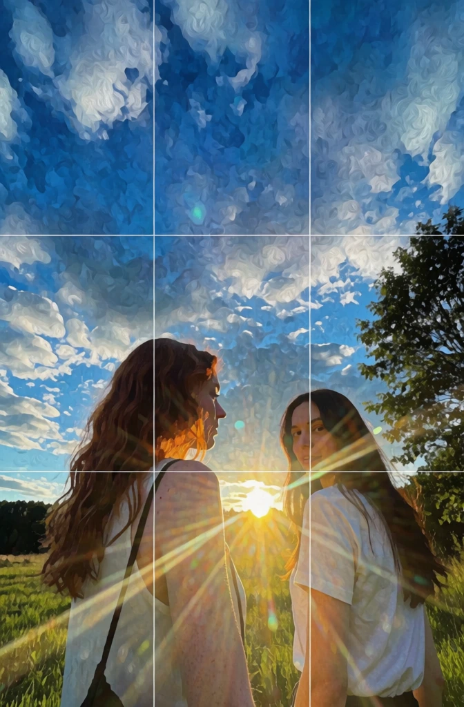 A thin white 3x3 grid is overlaid across this artistic scene featuring two women standing in a grassy field under an expansive, textured sky. The woman on the left, seen from a back-profile view, has long, wavy reddish-brown hair and wears a white sleeveless top with a thin black strap draped over her shoulder. To the right, another woman with long dark hair and a white t-shirt looks back over her shoulder toward the viewer. The sun is positioned low between them, creating a brilliant yellow starburst effect with long, radiating light flares that extend into the foreground. The sky is filled with deep blue tones and white clouds that are rendered with a swirling, painterly texture resembling thick brushstrokes. On the far right, the dark silhouette of a leafy tree reaches into the sky, while a distant treeline is visible on the far left horizon. The entire composition is captured from a low-angle perspective, looking upward at the subjects. The image exhibits a heavy digital filter or painterly rendering style, characterized by high-contrast colors and visible textures in the hair, clouds, and light. The thin white grid lines divide the image into nine equal rectangular sections, centered over the entire frame.