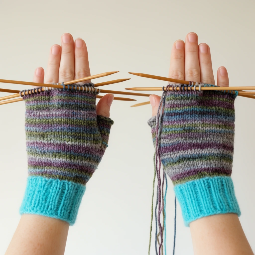 two hands held up, each wearing a partially knitted fingerless glove, the gloves feature horizontal stripes in muted purples, greens, blues, and greys, with a solid bright turquoise ribbed cuff at the bottom, wooden double-pointed knitting needles are inserted horizontally across the top edge of each glove, holding the active stitches, a few loose strands of yarn hang from the right glove, plain off-white background, soft natural lighting, minimalist composition, straight-on medium shot, emphasis on the texture of the yarn and the knitting progress