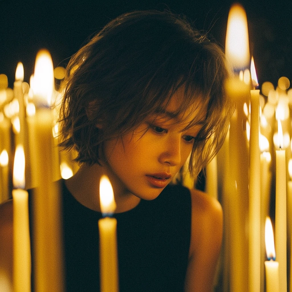 A close-up cinematic portrait of a young woman with short tousled hair gazing downward through a dense field of tall lit candles. Her face is illuminated by a warm golden glow against deep shadows. She wears a sleeveless black top. Heavily blurred foreground candle stalks and bright flames frame her features, creating a shallow depth of field. The dark background fills with glowing amber bokeh. The intimate composition features high-contrast chiaroscuro lighting, a rich yellow and black palette, and a soft grainy film texture.