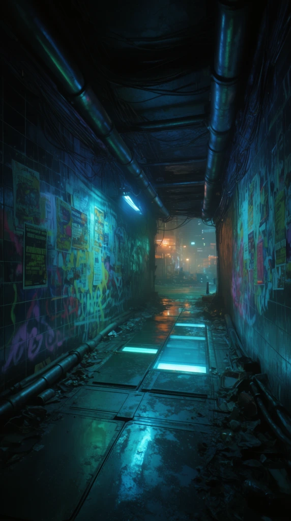 A dimly lit dystopian urban corridor bathed in glowing cyan and teal neon light. Dark tiled walls are layered with chaotic spray paint and overlapping rectangular posters. Thick metallic pipes and tangled wiring run exposed along the walls and ceiling. The segmented metallic floor is slick with puddles that vibrantly reflect recessed floor lighting. Discarded debris litters the edges of the narrow tunnel, leading toward a hazy intersection illuminated by faint warm orange lights, creating a high-contrast cinematic composition.