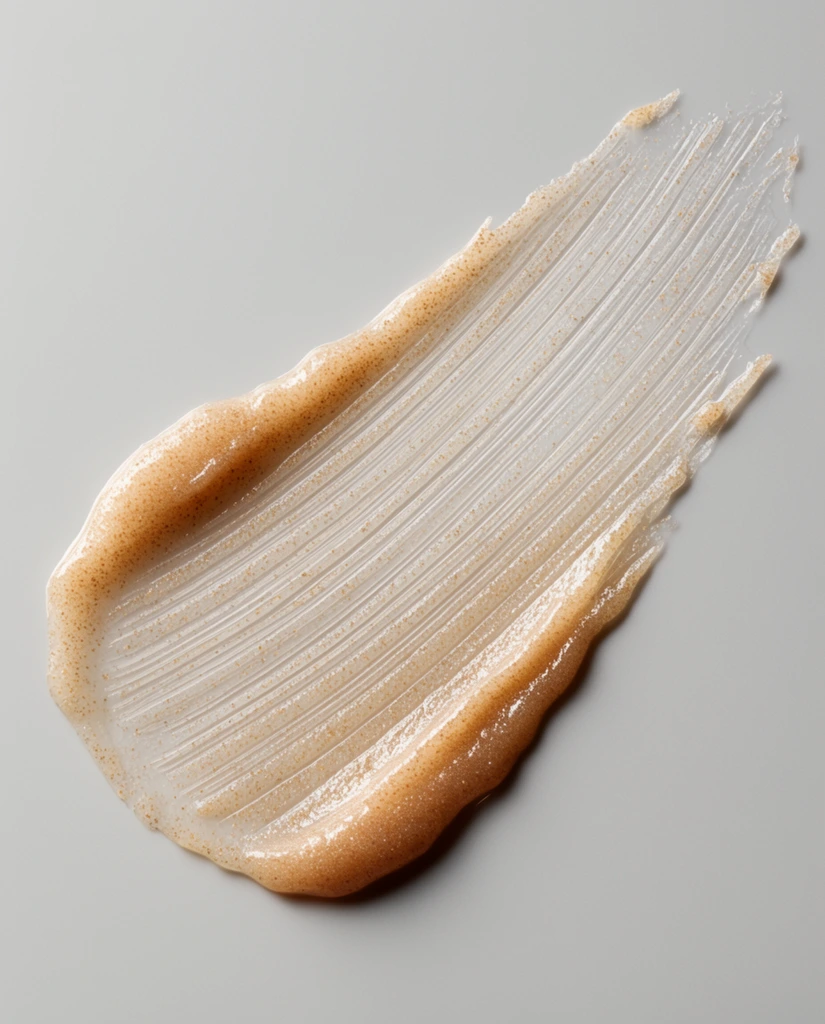 textured beige cosmetic smear swiped diagonally across a smooth light grey surface, viscous fluid containing tiny granular pigment particles suspended in a sheer glossy base, pronounced linear ridges and fine striations running lengthwise, irregular trailing edges thinning out towards the top right, subtle drop shadow indicating raised dimension, macro product photography, ultra high-resolution texture shot, minimalist composition, soft directional studio lighting, neutral color palette of warm tan against cool matte grey, clean visual aesthetic