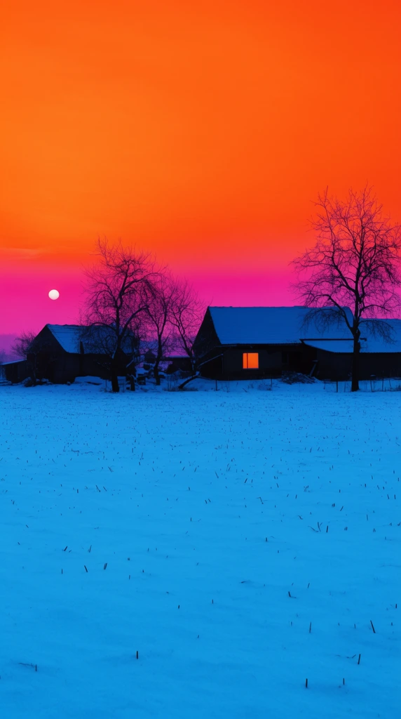 High-contrast winter landscape with a vast foreground of vibrant cyan-blue snow dotted with sparse dark stubble. Midground features dark silhouettes of farmhouses with snow-covered roofs and a glowing orange window, flanked by spindly bare trees. A dramatic sky transitions from vivid magenta at the horizon to intense neon orange above, featuring a small pale sun low on the left.