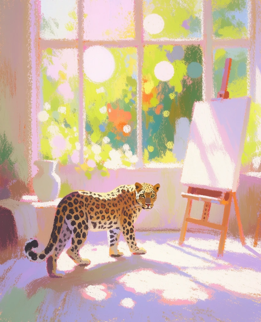 a majestic leopard walks across a sun-drenched studio floor near a blank canvas, rendered in an impressionistic painterly style with heavy digital oil pastel textures, vibrant lime green and golden yellow foliage visible through large windows, soft lavender and pink dappled sunlight casting bright high-contrast bokeh light patterns across the leopard and floor, warm ethereal atmosphere, visible grainy brushstrokes, saturated color palette, nostalgic interior, high-key lighting
