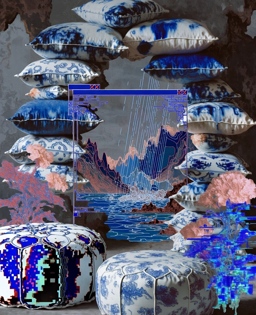 glitch-art digital collage of stacked pillows and poufs forming a jagged cave, textures echoing ming dynasty porcelain with cobalt blue ink bleeds and liquid distortion, foreground poufs feature heavy datamoshing and pixel-sorted edges, flanking plants as hyper-saturated pink floral glitches, a central portal framed by sharp y2k-era ui window artifacts reveals a landscape of jagged mountains and torrential rain over water, moody grey atmosphere with sharp vector outlines and digital grain.