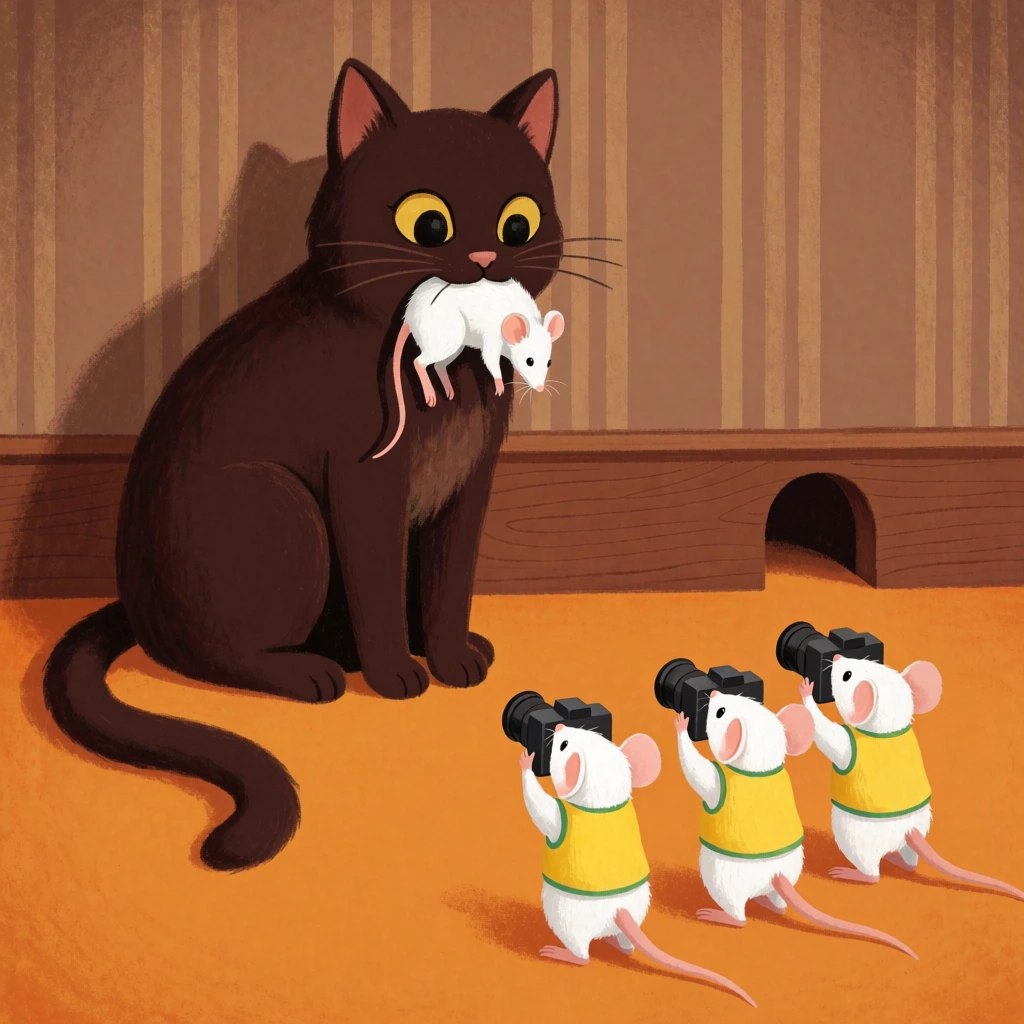 large dark brown cat holding a white mouse in its mouth, three small white mice in bright yellow vests standing upright aiming black cameras at the cat, orange floor, brown striped wallpaper, wooden baseboard with an arched mouse hole, paparazzi concept, surreal humorous illustration, warm earthy color palette, soft textured shading, dramatic scale difference