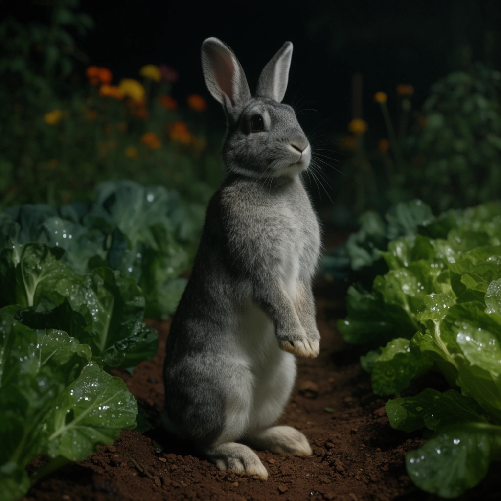 A grey rabbit stands upright on its hind legs in a dimly lit vegetable garden at night. Soft, cinematic lighting highlights the animal's textured fur and alert posture. Lush, wet green leafy vegetables grow from brown soil on either side. The dark, shallow-focus background reveals faint, blurred orange and yellow flowers.
