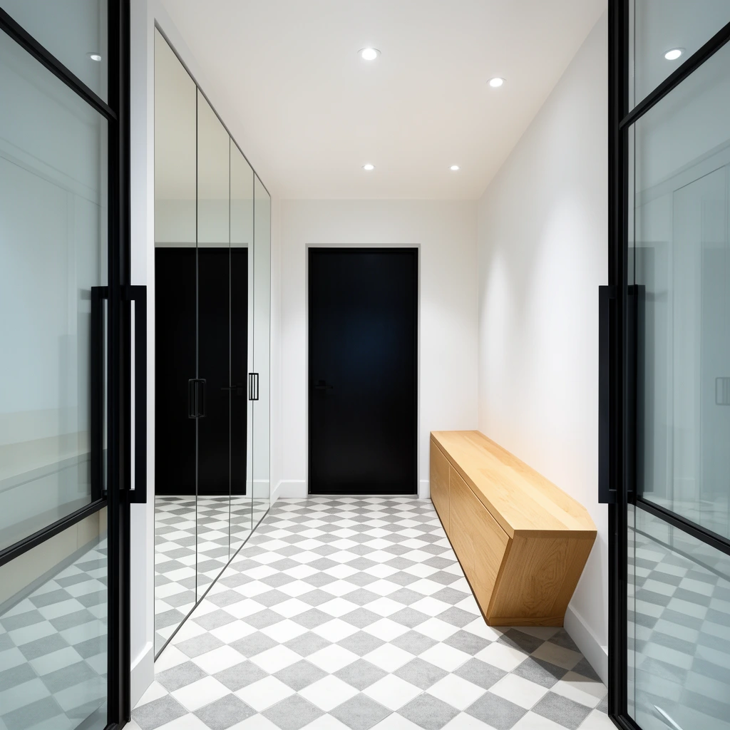 Symmetrical one-point perspective of a minimalist white hallway framed by black glass doors. Grey and white checkered tiles lead to a solid black door. Recessed ceiling lights illuminate an angular light oak storage bench on the right and mirrored closet doors on the left.