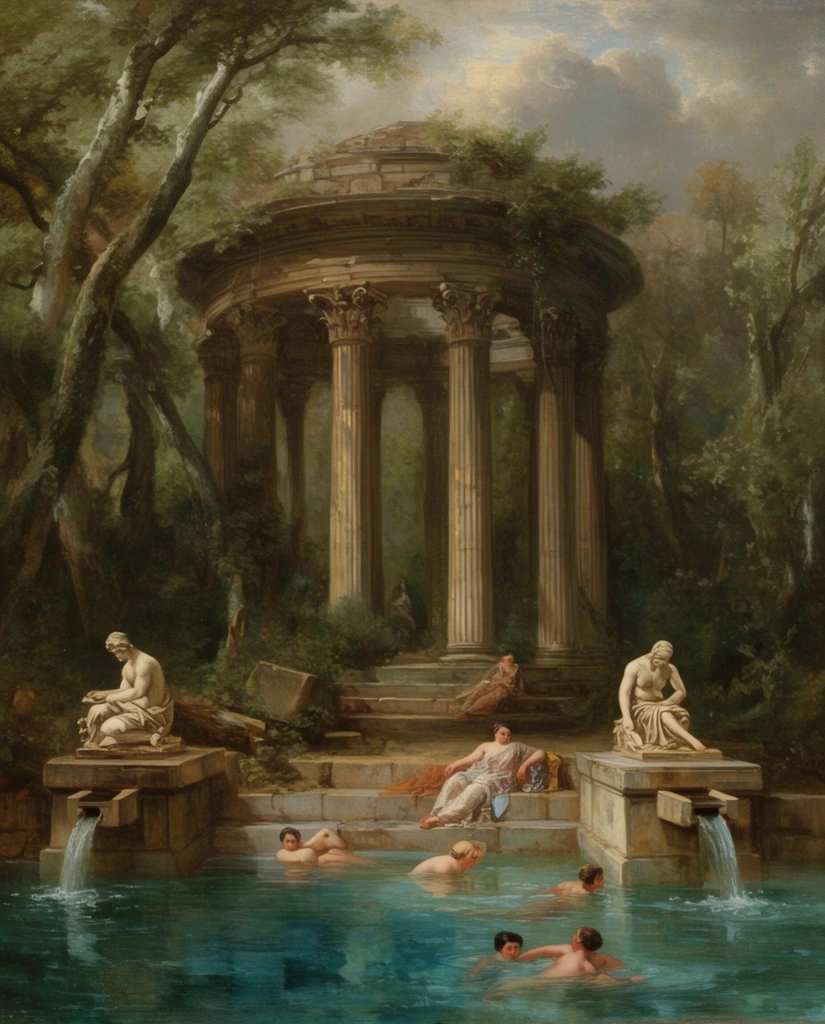 classical circular temple ruin with tall columns in an overgrown forest, foreground bathing pool with blue-green water, stone pedestals with seated statues pouring water, figures in drapery lounging on stone steps, nude bathers swimming, dense foliage, leaning trees framing the architecture, cloudy sky, romanticized classical landscape painting, oil on canvas texture, atmospheric lighting