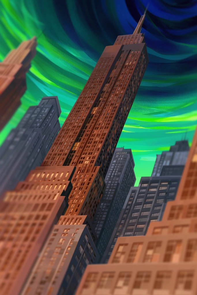 dynamic low-angle view of dense towering skyscrapers, stylized 2D animation illustration, geometric copper and slate gray high-rise buildings, repetitive window grids catching warm light, overlapping flat-shaded facades, surreal dramatic sky, sweeping neon green and vibrant teal energetic bands, swirling dark blue atmospheric vortex, Dutch angle composition, graphic rendering, depth of field blur on foreground edges