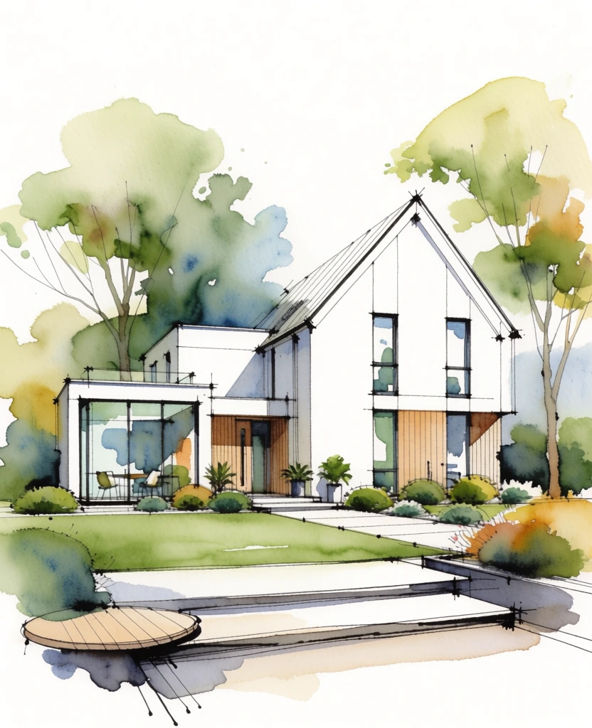 A refined architectural illustration of a modern two-story house sits in a landscaped yard beneath tall luminous trees, presented like a concept-board rendering that combines clean drafting with loose watercolor atmosphere. watercolor architectural rendering, ink line drawing, mixed media concept sketch, contemporary residential visualization, modernist villa study, editorial design board, hand-drawn with digital polish, airy, elegant, serene, aspirational, high detail but spacious composition, controlled complexity, style-adjacent to architectural illustrators and watercolor urban sketchers, hints of Richard Meier-inspired architecture, Tadao Ando-like concrete minimalism, Lebbeus Woods-style drafting accents softened by landscape watercolor, palette of warm white, cool gray, charcoal linework, fresh leaf green, yellow-green highlights, honey wood, soft beige paper, high-key exposure, gentle contrast, diffuse daylight, no visible camera metadata because this is not a photograph, slight paper texture, ink splatter, watercolor bloom, sketch construction lines, faux annotation text, minimal artifacts. Centered slightly low in frame is the house, viewed from a front-left angle. The main volume has a steep asymmetrical gabled roof rising to a peak just right of center, with dark trim outlining the roof edge. The facade is mostly white or pale concrete, with tall rectangular windows framed in thin dark lines and warm wood accents beneath and around some openings. On the left is a boxy flat-roofed section extending forward, containing a double-height glass corner and a shaded recessed patio; inside or just beyond the glass, a small table and chairs are visible. In the center at ground level, vertical golden wood slats form a warm focal wall beneath the upper story. To the right, a lower flat canopy projects over another glass-fronted section. Around the base are clipped shrubs, a few potted plants, and neat lawn patches. In the foreground, broad pale concrete steps descend diagonally from left to right, bordered by thin dark edges and sketch perspective lines; a small rectangular wooden deck platform sits at the left front corner, while a round low planter appears near the center-right edge of the lawn. Towering behind and above the house, large trees fill the upper half of the image, their trunks drawn in dark ink and their foliage exploding in translucent washes of green and yellow, especially bright at the upper left and upper right. The background is mostly blank white paper, making the house and trees feel like a clean presentation rendering floating on a drafting sheet.