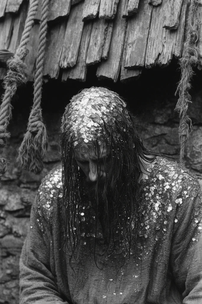 black and white film still, despondent figure with bowed head in a coarse tunic, head and shoulders heavily coated in wet shimmering circular flakes, long stringy wet hair obscuring the face, thick frayed hanging ropes, rough stone wall and weathered wooden shingles in background, gritty medieval atmosphere, high contrast, raw textured realism
