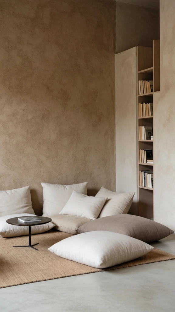 minimal lounge cushions, interior photography, soft natural light, calm earthy modern vibe
