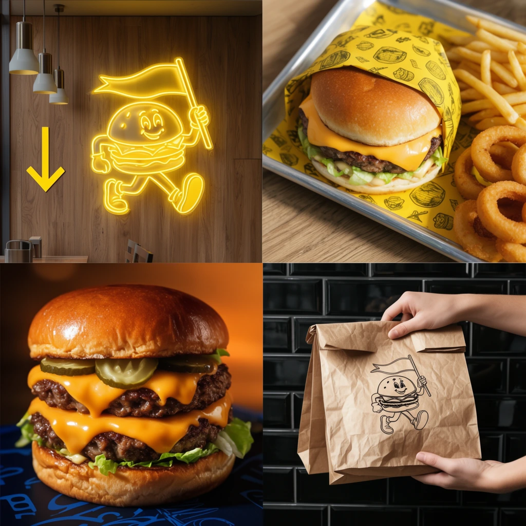 A four-panel collage showcasing gourmet fast food and rustic diner interior design. The top-left features a glowing yellow neon sign of a running anthropomorphic hamburger mascot holding a pennant on a wood-paneled wall, beside a yellow downward arrow and modern pendant lights. The top-right shows a high-angle close-up of a silver tray holding a cheeseburger wrapped in yellow patterned paper, french fries, and onion rings. The bottom-left is a macro food photography shot of a towering double cheeseburger with glossy brioche buns, thick patties, melted bright orange cheese, lettuce, and pickles on a graphic dark blue surface under warm, dramatic lighting. The bottom-right displays hands holding crinkled brown kraft paper takeout bags against a glossy black subway tile wall, one bag featuring a black line illustration of the hamburger mascot.