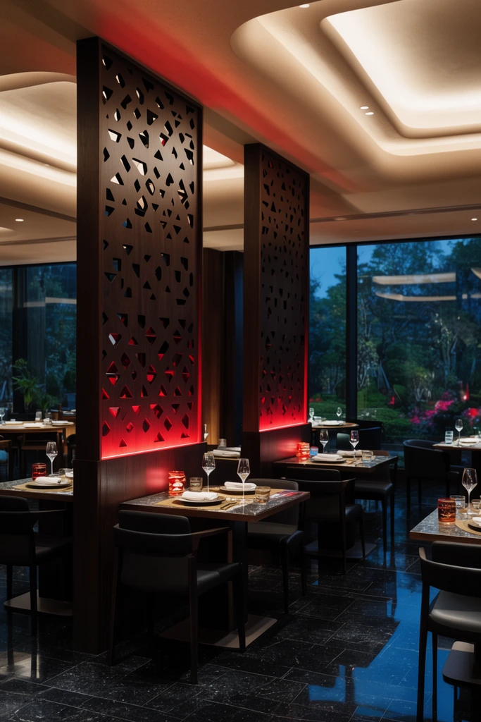 upscale modern restaurant interior, dining tables with elegant place settings, dark wood partitions featuring geometric cutouts, warm red underglow lighting, black stone floors, recessed ceiling coves, large windows showing a twilight garden, architectural photography