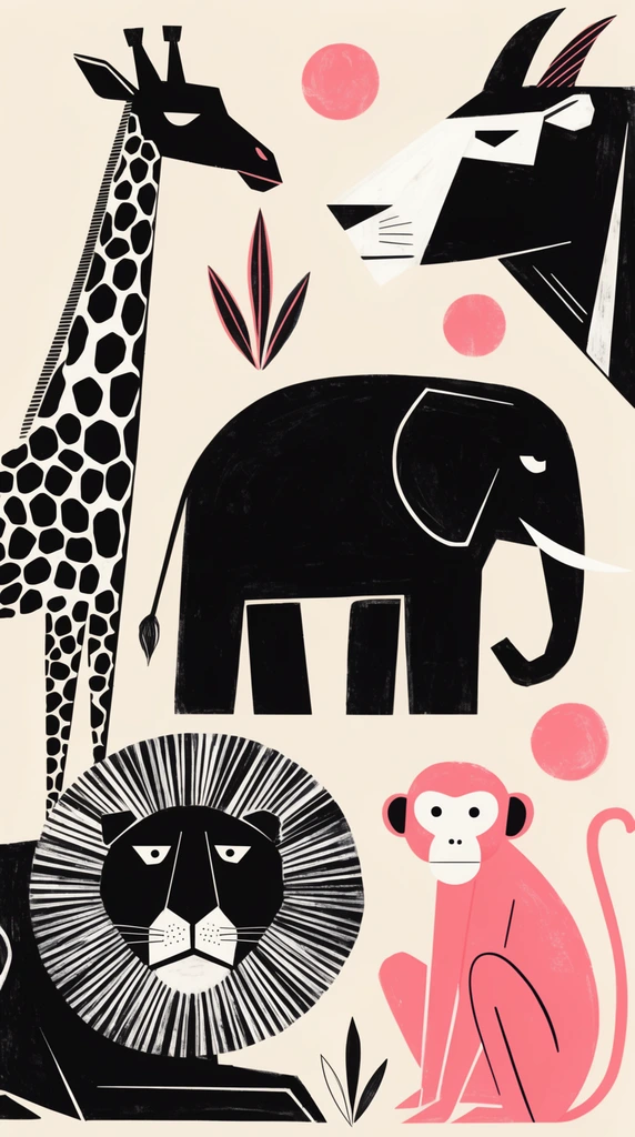 A retro mid-century illustration of stylized animals on a cream background. A central black elephant is surrounded by a spotted giraffe, a lion with a circular white mane, a pink monkey, and abstract angular animal profiles. The stark black, white, and coral pink palette features bold vector shapes, pink sun motifs, minimal foliage, and offset printing textures.