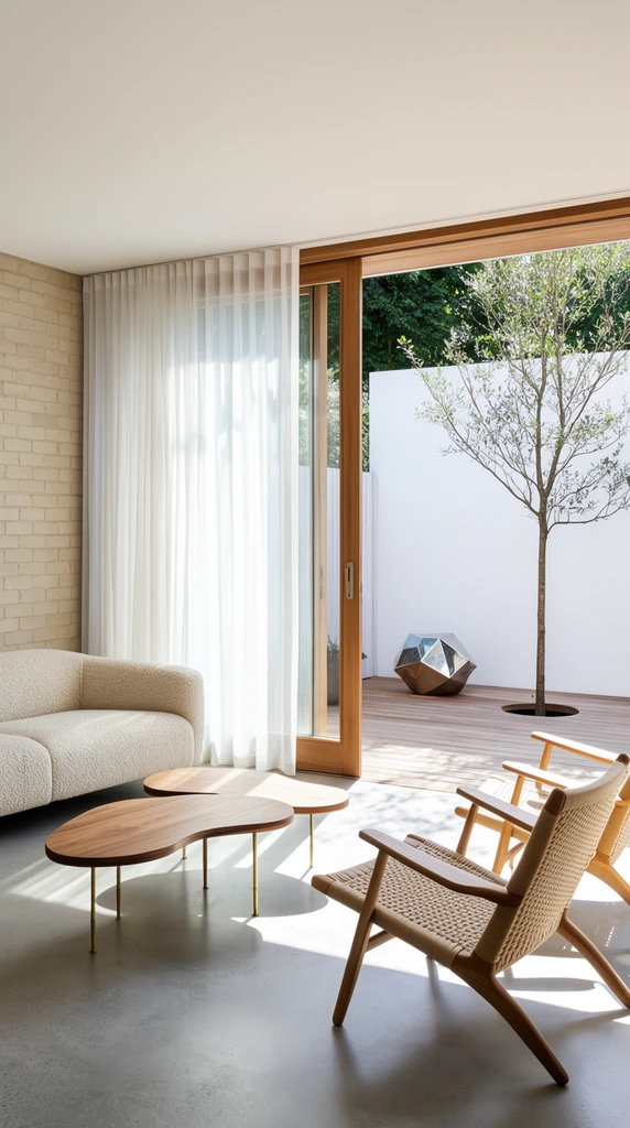 A bright minimalist living room opens to a walled courtyard through wood-framed sliding glass doors. The interior features smooth concrete floors, a light brick wall, and a textured cream sofa facing two wooden lounge chairs with woven seats. Interlocking organic-shaped wooden coffee tables with brass legs cast sharp shadows in the strong natural sunlight. Beyond sheer white curtains, the wooden deck showcases a slender tree growing from a floor cutout beside a faceted metallic sculpture and a stark white privacy wall. Crisp architectural photography captures the high-key lighting and warm wood tones.