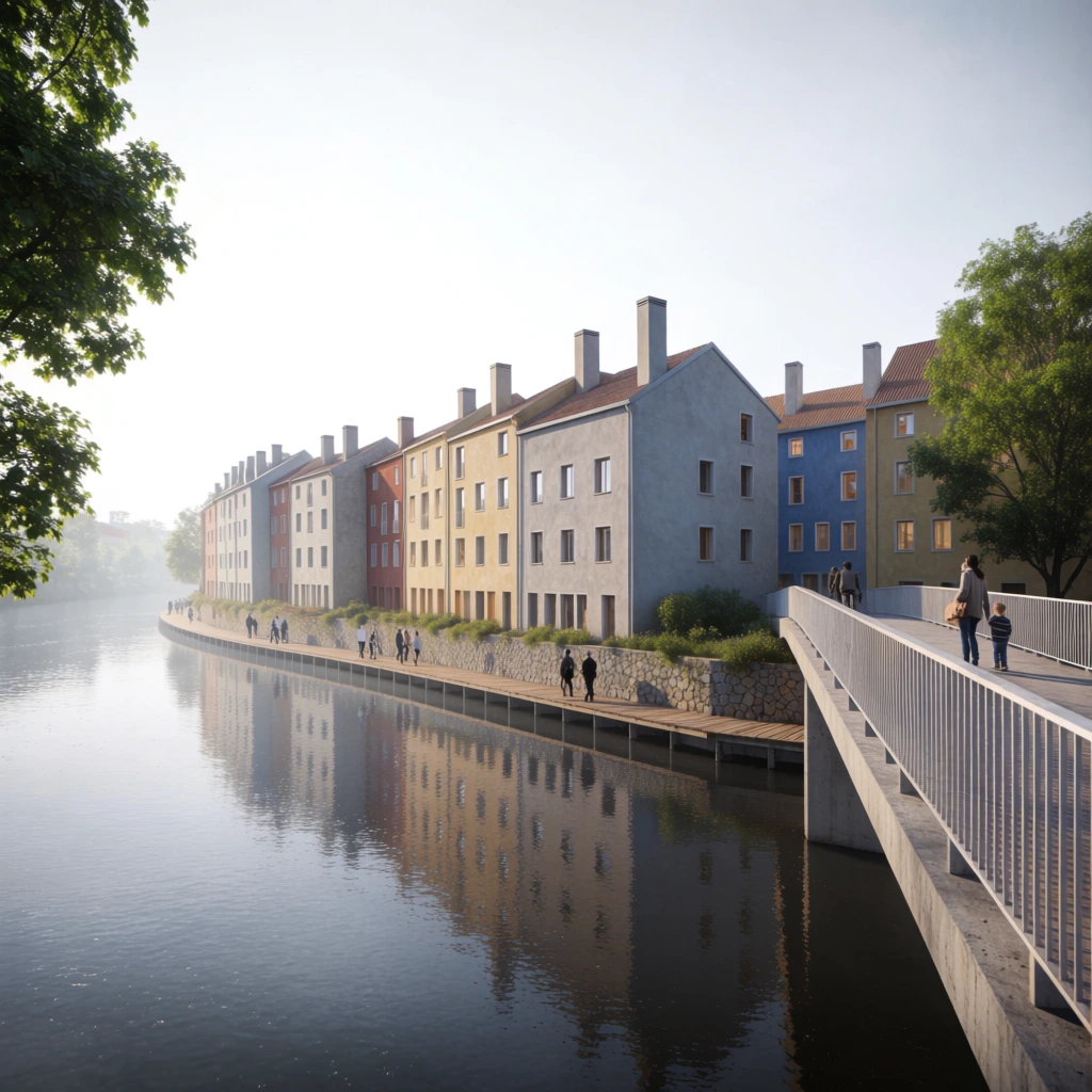 A picturesque row of multi-colored waterfront townhouses sits along a calm river, viewed from an adjacent pedestrian bridge. A concrete bridge with white metal railings angles inward from the right, occupied by an adult and child. A wooden boardwalk hugs a stone retaining wall below the townhouses, populated by small strolling figures. The buildings feature pitched roofs, tall chimneys, and blocky facades in pale yellow, grey, muted red, and blue. Lush green trees frame the left and right edges. The wide river reflects the architecture and bright, overcast sky. The detailed architectural rendering features photorealistic diffuse lighting and a soft atmospheric haze over the gently rippling water.