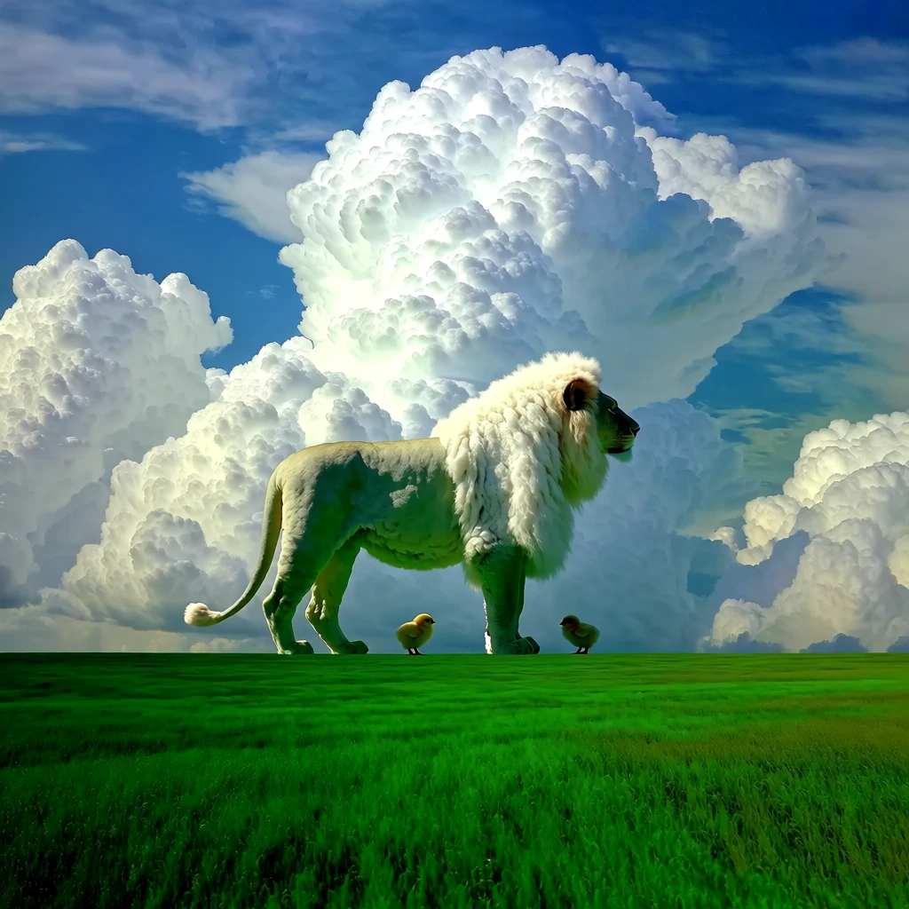 majestic lion standing in center profile facing right, two tiny yellow chicks at its paws with one left facing right and one right facing left, oriented in a surreal 90-degree sideways rotation, foreground of hyper-saturated neon emerald grass, background of towering sculptural white cumulus clouds against deep cerulean blue, minimalist liminal composition, dreamcore aesthetic, high-contrast vibrant palette, soft diffuse lighting, sharp focus on subjects, vast empty landscape