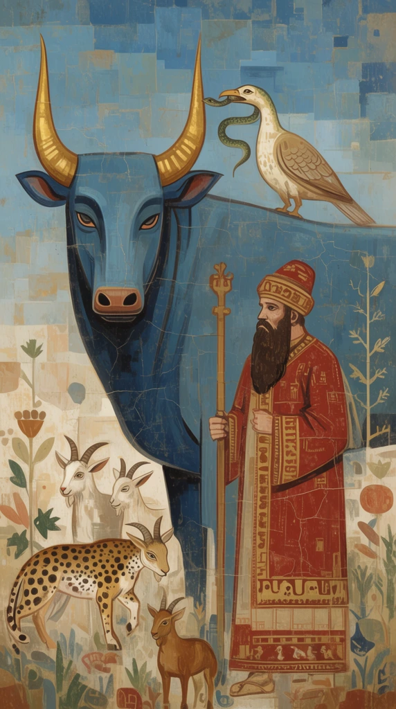 massive stylized blue ox with golden horns, bird holding a snake on its back, bearded man in red and gold robes with staff, small goats, spotted feline, stylized plants, blocky blue sky, cracked fresco texture, ancient mural aesthetic, muted earthy tones