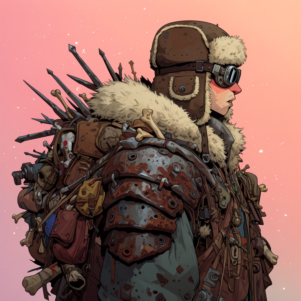 side-profile stylized scavenger character, fur-lined aviator hat and goggles, massive chaotic burden of scavenged gear, rusted armor plates, pouches, bones, metal spikes, muted earth tones, smooth pink to peach gradient background, scattered white dust specks, detailed comic illustration style, crisp line art, flat shading